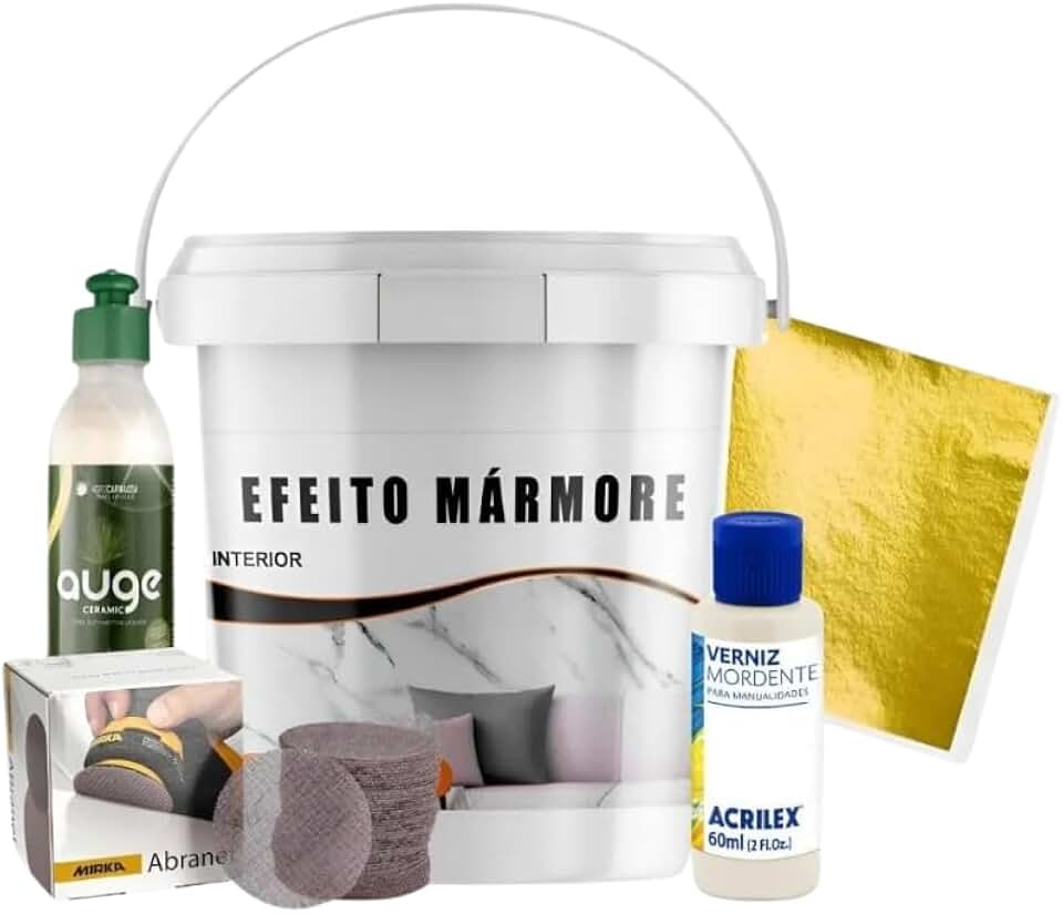 Kit Massa Efeito Mármore, Lixa, Folha Efeito Ouro, Verniz e Cera: Acabamento Premium Luxo (Branco)