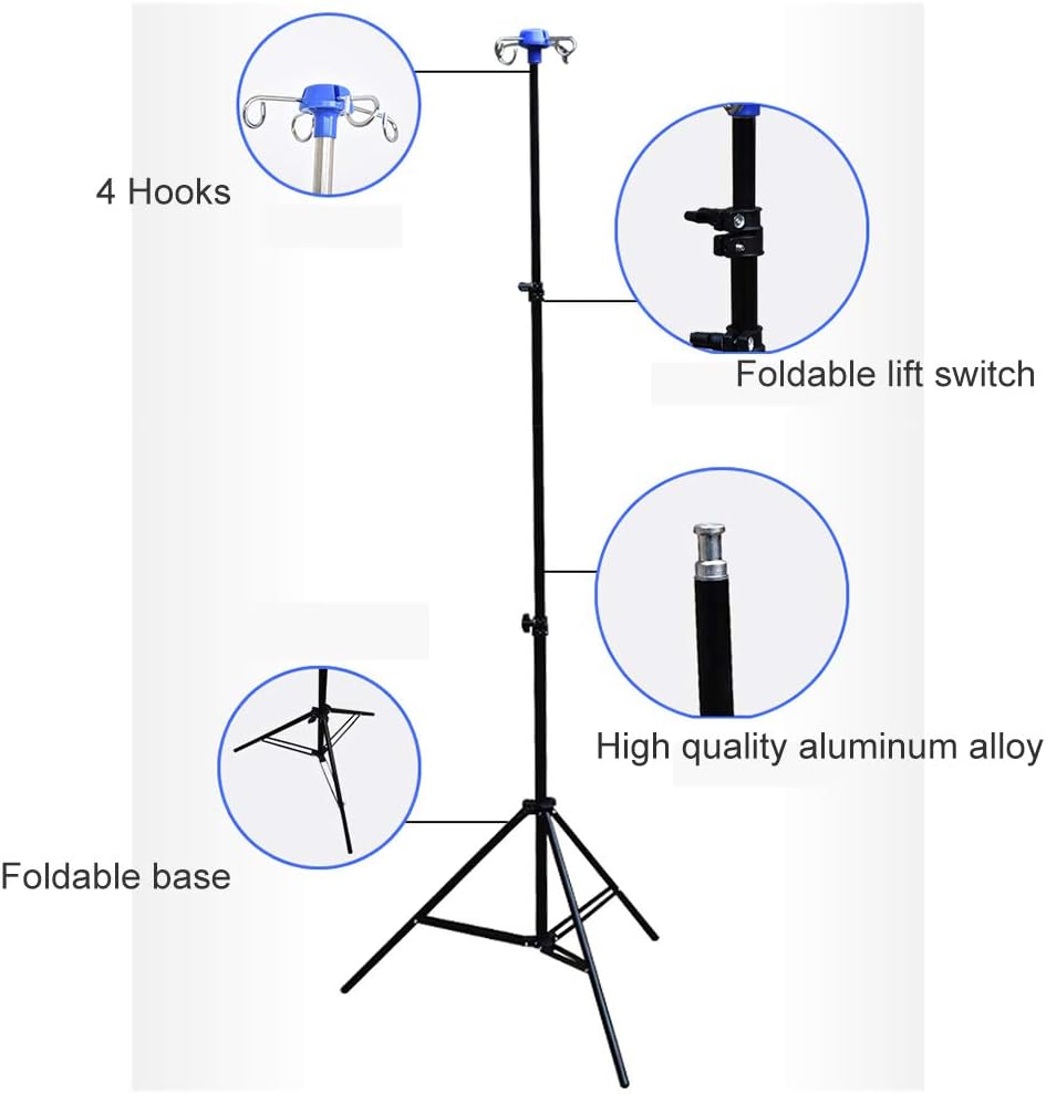 YJI Portable Collapsible IV Pole Stand, 4 Hook 3 Leg with Adjustable Height Display Stand Rack, Aluminum Alloy, 44 Lbs Load Capacity : Industrial & Scientific