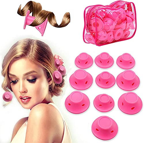 Image of JICOOT 10 Pcs Pink Magic Silicone Hair Rollers Heatless Curling Rod Headband Include 5pcs Large Overnight Hair Curlers & 5pcs Small Curlers for Women Girls Long and Short Hair