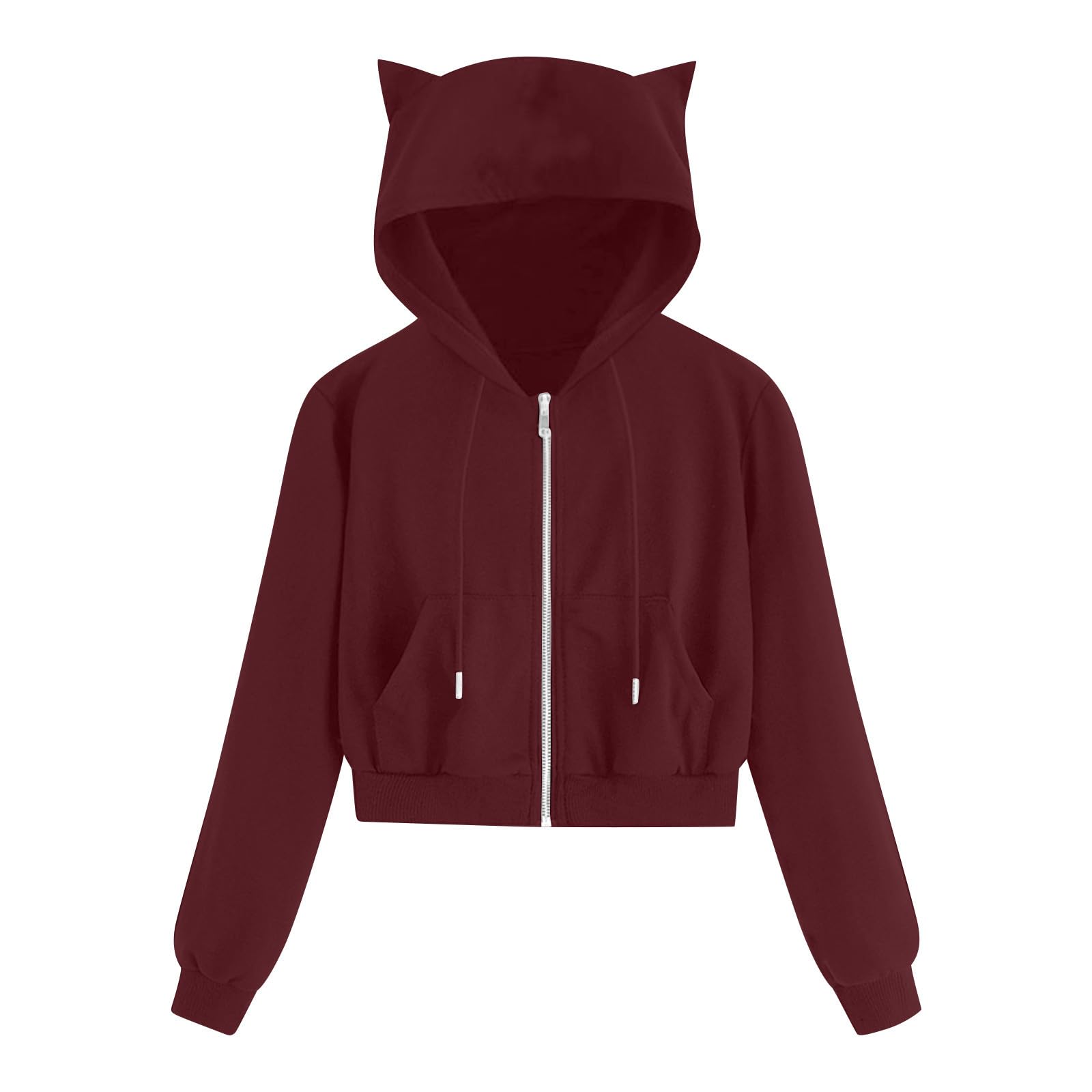 Womens Crop Top Hoodies Solid Color Long Sleeve Cute Ear Cat Sweatshirt Y2K Teen Girls Cropped Hooded Pullover Tops