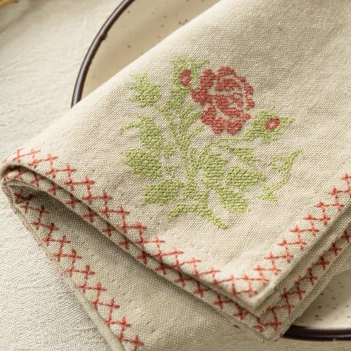 Image of R home Country Rose Premium Chambray Cotton Napkins Set of 6, 18x18 Inch, Cross Stitch Embroidered, Machine Washable & Reusable, Soft Fabric Napkins for Dining Table, Cocktails & Table Decor