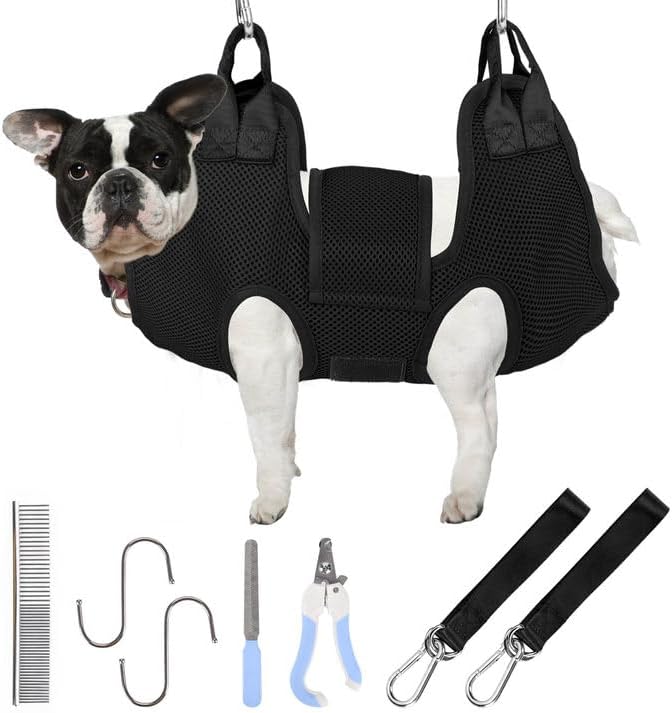 PatiencET Dog Grooming Hammock for Small Dogs Pet Hammock for Nail Trimming Dog Sling for Nail Clipping Dog Hanging Harness (Black S) S Black
