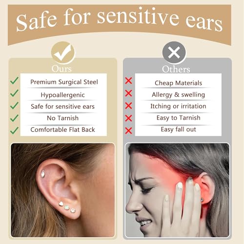 Jstyle 21 Pairs Hypoallergenic Flat Back Stud Earrings for Women Men Surgical Stainless Steel Earrings for Sensitive Ears Cartilage Earring Small Studs Earrings Set Stacks Screw Back Earrings Piercing4