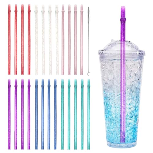 SAIIURV 25 Piezas Pajitas Reutilizables de Plástico con Cepillo de Limpieza para Adultos y Niños 31,5 cm Transparentes Coloridas Pajitas Largas Brillantes de Duro de Repuesto para Fiestas Festivales