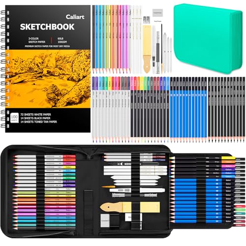 Image of Caliart 176PCS Art Supplies Sketching Kit, 100 Sheets 3-Color Sketch Book | Graphite Colored Charcoal Watercolor & Metallic Pencils, Drawing Supplies Set Gifts for Artists Adults Teens Girls Boys Kids