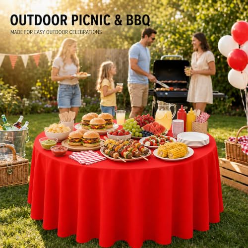 Image of WNINK 4 Pack Red Round Tablecloth, 84 Inch Disposable Plastic Table Covers, Red Round Table Cover for Birthday Parties, Holiday, Picnic, BBQ, Family Gathering Party Supplies
