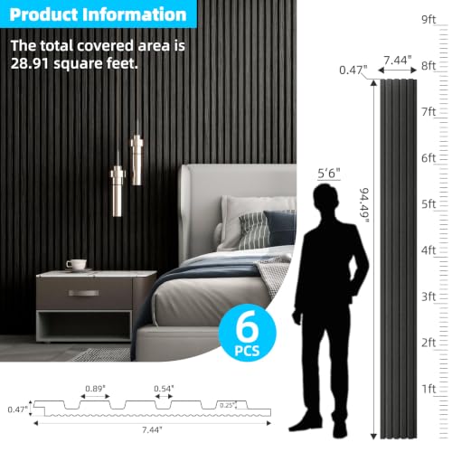 Image of Art3d Wood Slat Wall Panels, Fluted MDF, 6-Pack, 94.6 x 7.4 in, Matte Black