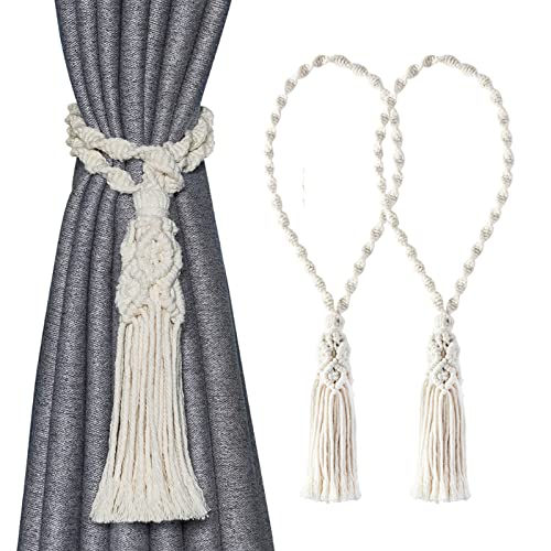 DeSS 2-Pack Curtain Tiebacks Rope Hand Woven Natural Cotton Rope Decorative Tassel Curtain Holdbacks for Curtains and Draperies