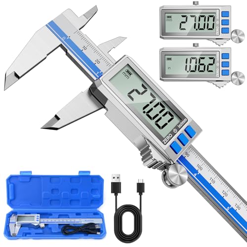 Preciva Calibre Digital, Pie de Rey Digital USB C Recargable, 150mm Calibrador Digital con Pantalla LCD Grande, Acero Inoxidable, Conversión MM/Pulgadas Profesional y Hogar