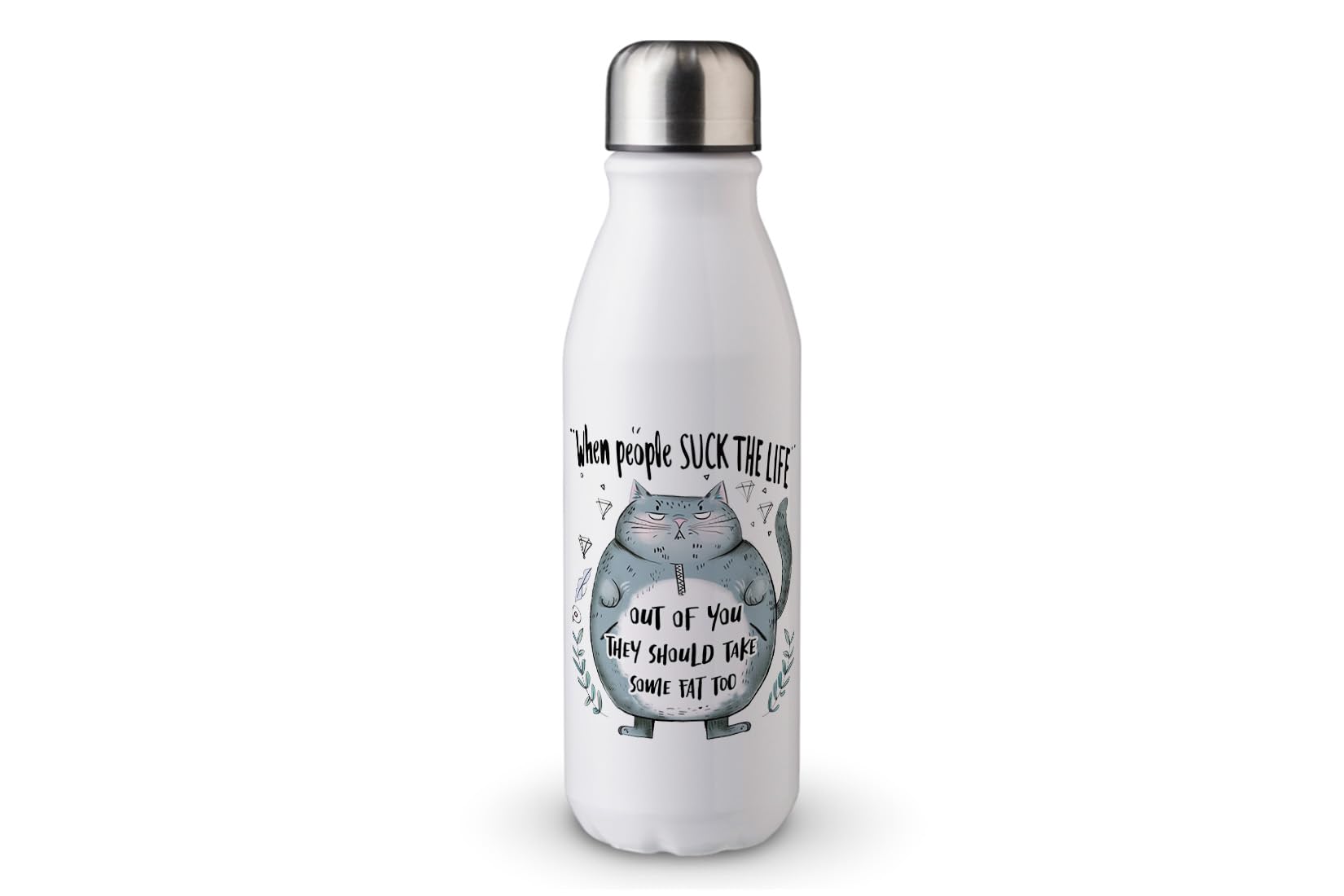 MAXIKIWI - Single Wall Water Drinking Bottle with Screw Cap, Non Insulated Lightweight Aluminium, BPA Free, Leak-Proof - Funny Cat Quotes - 500ml