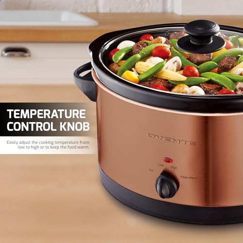 Image of OVENTE 4-Quart Electric Slow Cooker with 3 Temperature Setting, Removable Ceramic Pot, Dishwasher Safe Glass Lid, Stainless Steel Body, Ideal for Entrees, Soups, Sauces, Stews & Dips, Copper SLO40ACO