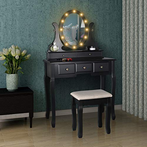 Vanity Table Set with Lighted Mirror, Makeup Dressing Table and Cushioned Stool Set