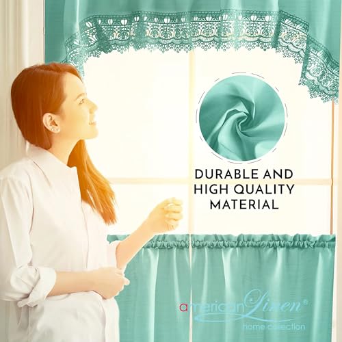 American Linen Café Curtains for Kitchen, Bathroom Curtains with Valance, Embroidered lace Border. (Teal) by American Linen - Image 3