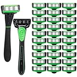 Leriton 34 Pcs Shaving Kit for Men Disposable Men's Razors Set Refillable 7-blade Razors Travel Shave Set Designed for Sensitive Skin, 2 Handle and 32 Razor Blade Refills
