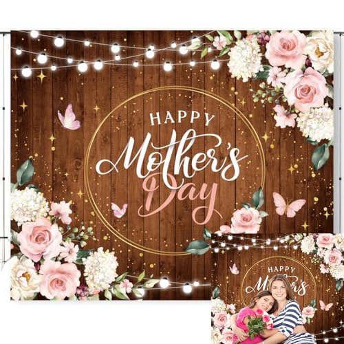 Caaerttply Happy Mother's Day Backdrop Wood Floor Pink Flower Mothers Day Backdrop for Photography Mother's Party Photography Background Decorations Banner Best Mom Party Supplies Props