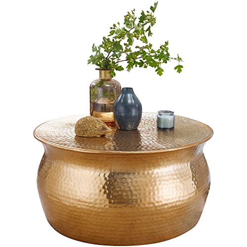 WOHNLING Table Basse Karam 60x30,5x60 cm en Aluminium Or | Table d'Appoint Orientale Ronde Martelée en Métal | Design Moderne pour Salon | Table Indienne