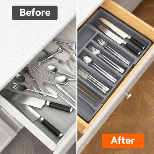 Image of Large Silverware Drawer Organizer, Expandable Utensil Tray for Kitchen, BPA Free Flatware and Cutlery Holder, Adjustable Plastic Storage for Spoons Forks Knives, Grey, Pack of 2
