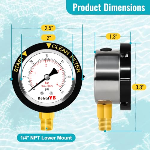 Image of Pool Filter Pressure Gauge, 304 Stainless Steel, IP67 Waterproof, 0-60 Psi /Bar, 2 inch Dial, 1 /4 inch NPT Bottom Mount, ±2% Accuracy, for Swimming Pool,Sand Filter Systems 1Pc, Taflon Tape Included