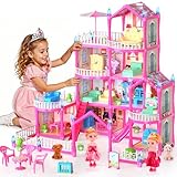 Pupu Pig Doll House Toys for Girls, Dollhouse with Glow in The Dark, Kids Doll House Playset with 4-Story 14 Play Areas, 2 Dolls, Toy Dogs, Dollhouse Accessories and Furniture, Princess Toy Gifts