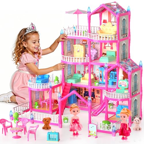 Pupu Pig Doll House Toys for Girls, Dollhouse with Glow in The Dark, Kids Doll House Playset with 4-Story 14 Play Areas, 2 Dolls, Toy Dogs, Dollhouse Accessories and Furniture, Princess Toy Gifts