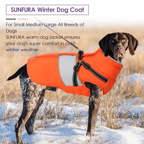 Image of Small Dog Coat with Harness Built in, Warm Dog Jacket Winter with Zipper On Back, Waterproof Pet Snow Jacket Snowsuit Pet Sweater Clothes for Schnauzer, Yorkshire Terrier, Orange S