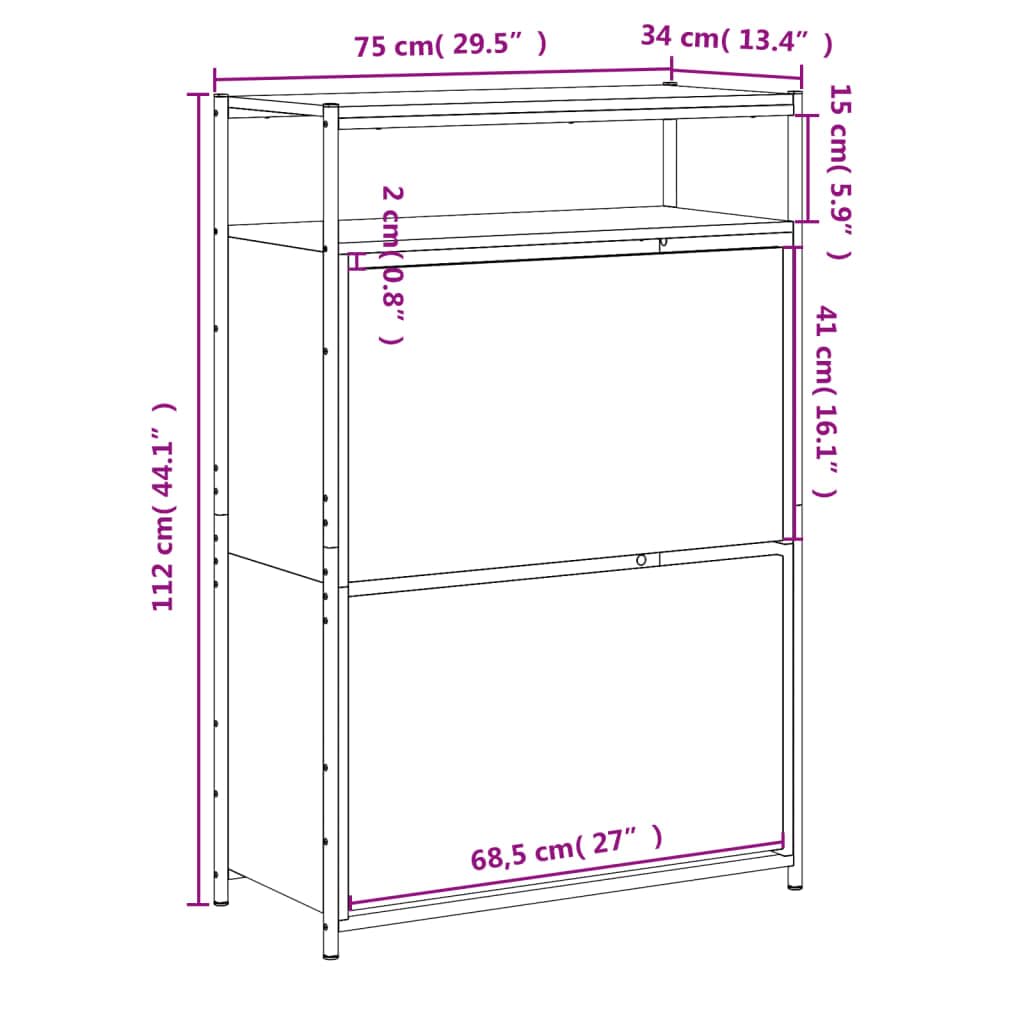 Scarpiera marrone effetto quercia in legno, 75 x 34 x 112 cm, sottile, con 2 alette e ripiano, salvaspazio, per corridoio, ingresso e scarpiera ordinata