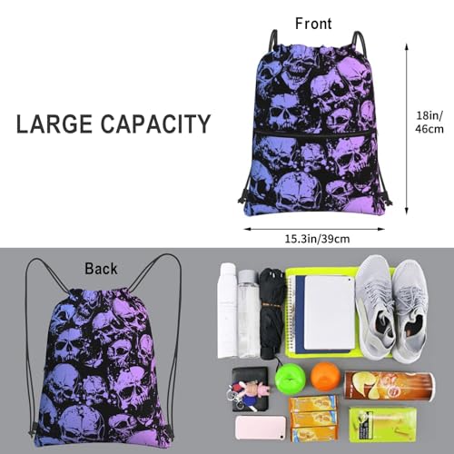 Image of Gothic Skull Drawstring Bag, Halloween Goth Gradient Skeleton Drawstring Backpack, Light Large Capacity Durable Sackpack String Bag, Waterproof Cinch Sackpack for Sport Gym Beach Shopping Yoga