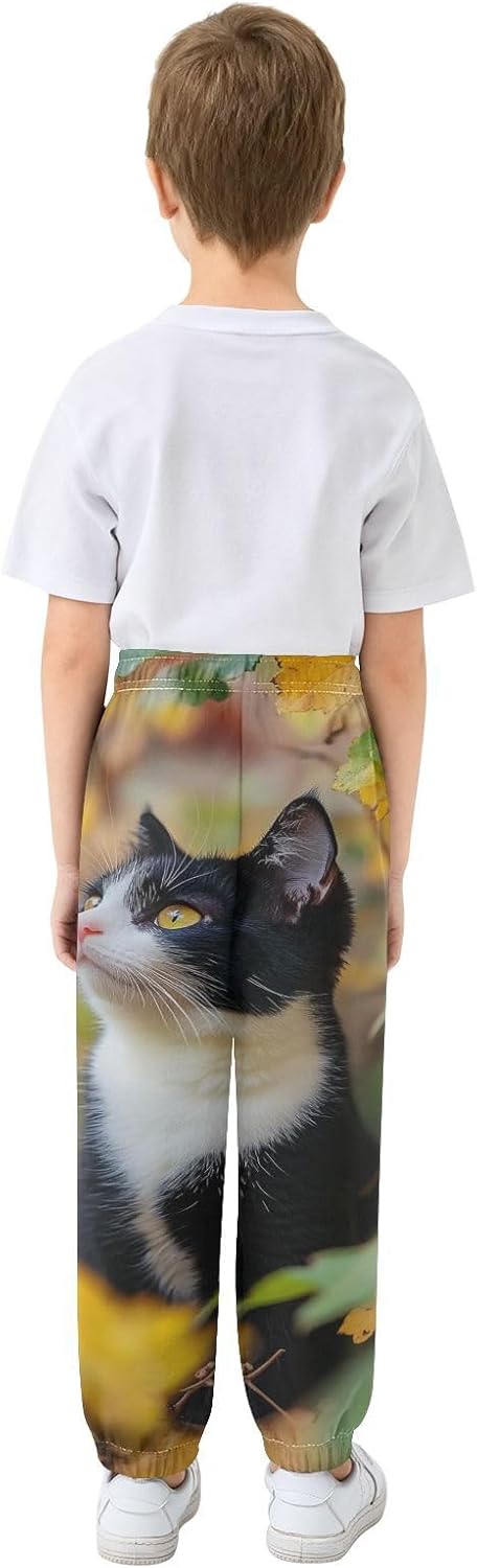 Boy Sweatpants Lovely Cat Leaf Joggers Casual Athletic Pants Kids Elastic Waist Cuffed with Pockets