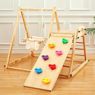FUNLIO 4-in-1 Wooden Toddler Swing and Slide Set, Foldable Montessori Jungle Gym for Toddlers 0.5-5 Years, Indoor Playground with Swing/Slide/Ladder/Climbing Rock, Easy to Assemble & Store