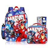 Marvel Mochila e lancheira dos Vingadores para meninos – Pacote com mochila de 40,6 cm com o Homem de Ferro, Capitão América, Lancheira térmica More Plus, adesivos, garrafa de água | Mochila escolar