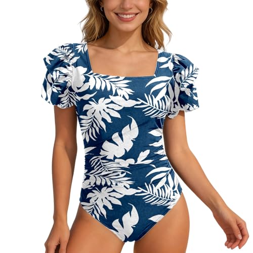 Bañador entero mujer de talla grande con cuello de volantes elegante para playa