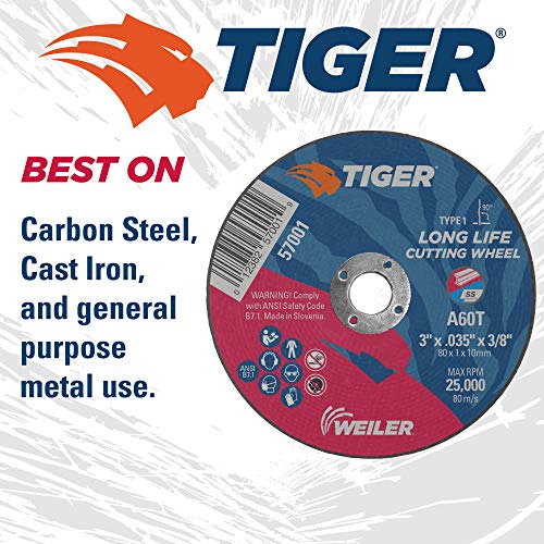 Image of Weiler 57001 3-Inch Cutting Wheel, Tiger AO Steel /Metal Long Life, Performance Cutting, 0.035 inch A60T Type 1 3 /8 inch Arbor (Pack of 100)