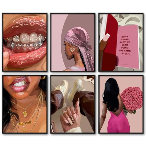 Black Girl Wall Art Pink Black Woman Canvas Wall Decor African American People Art Pictures Fashion Poster American Girl Women Painting Pink Abstract Flower Prints for Bedroom 8x10x6 Inch Unframed
