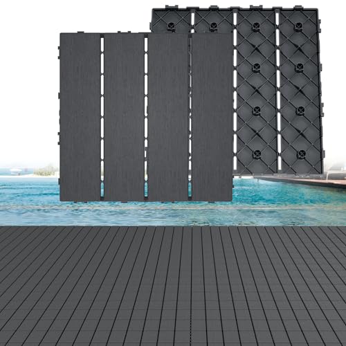 Yunvin Garden Decking Tiles 30 x 30cm Plastic Composite Interlocking Flooring Weatherproof Outdoor Drainage Floor Coverings for Patio Balcony Pack of 11 Anthracite