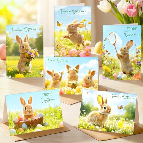 Osterkarten mit Umschlag Set, 12 Stück Osterkarten Karte Ostern, Osterkarte Aufklappbar mit Ostereier Hasen, Grußkarten Frohe Ostern Karte Hochwertig Frühling Karten Postkarte für Familie Freunde