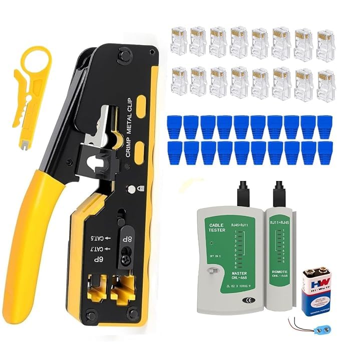 WiredCom® Combo Tool Kit | RJ45 Passthrough Crimping Tool | Cat5 Cat6 Cat7 Crimping Tool Kit With Wire Stripper And Cutter, Network Cable Tester, 20Pcs Connectors and Strain Relief Boots, Battery-image-42