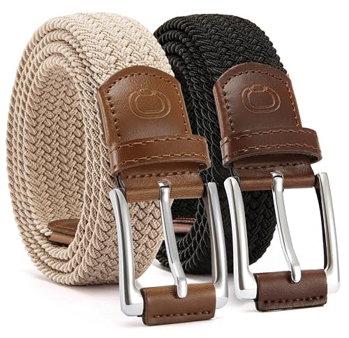 Image of CHAOREN Stretch Belt Men 2 Pack - 1 3 /8 inch Braided Golf Belts For Men - Casual Elastic For Pants and Jeans