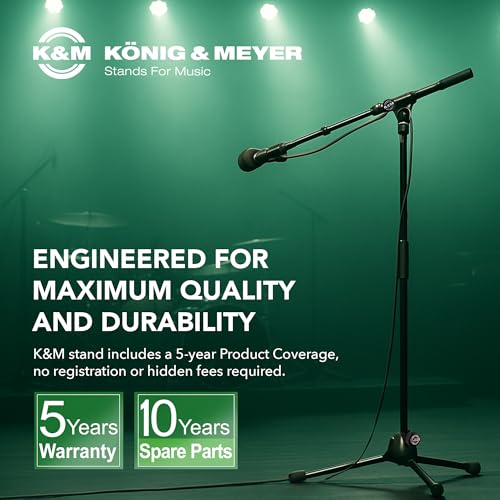 Image of K&M Konig & Meyer 21090.500.55 Tripod Microphone Stands | Adjustable Telescoping 2-Piece Boom Arm | Professional Grade | Heavy Duty with Folding Leg Base | German Made | 2 Pack | Black