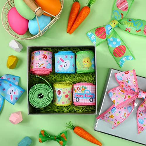 6 Rolls 30 Yards Easter Ribbon 2 Inch Bunny Egg Rabbit Ribbon Pastel Spring Color Wired Edge Craft Ribbon Fabric Decorative Wrapping Ribbon Roll For Gift Hair Bow Sewing Crafts Supplies (Bunny) #TOP2