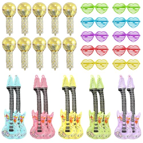 MIHURO - 30 Pcs Photo Booth Props,Party Props-10 Inflatable Guitar+10 Microphones+10 Colored Heart Glasses,Parties Accessories for Adults Inflatable Instruments for Disco Birthday Carnival Party