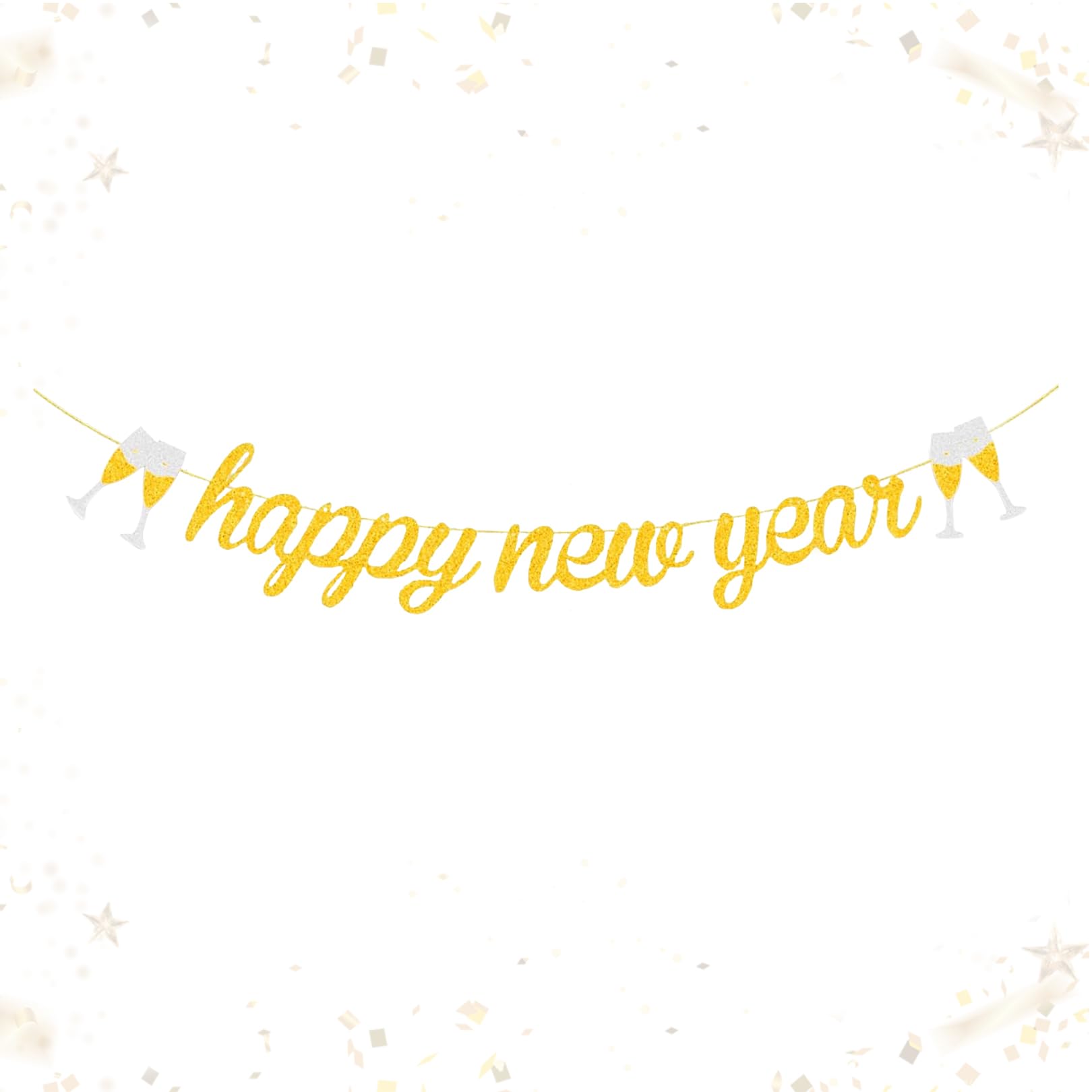 1 Pcs Happy New Year Banner, New Years Eve Decorations, Glitter Gold 2026 New Year Decoration Bunting, Gold Wine Cup Pattern Banner for Nye Party Home Bar Outdoor Decoration Holiday Supplies