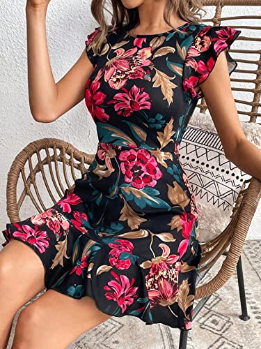 Image of Shasmi Girl's & Women's Floral Print Cap Sleeve Ruffle Trim Short Dress Summer Boho One Piece Mini Dress for Women Stylish Dresses (Midi 170)