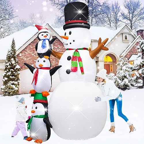 8 Feet Christmas Inflatable Snowman and Penguin with Built-in LED Lights Blow Up Yard Decoration for Outdoor Holiday Party Christmas Inflatable Decoration for Lawn Garden Home Indoor Outdoor