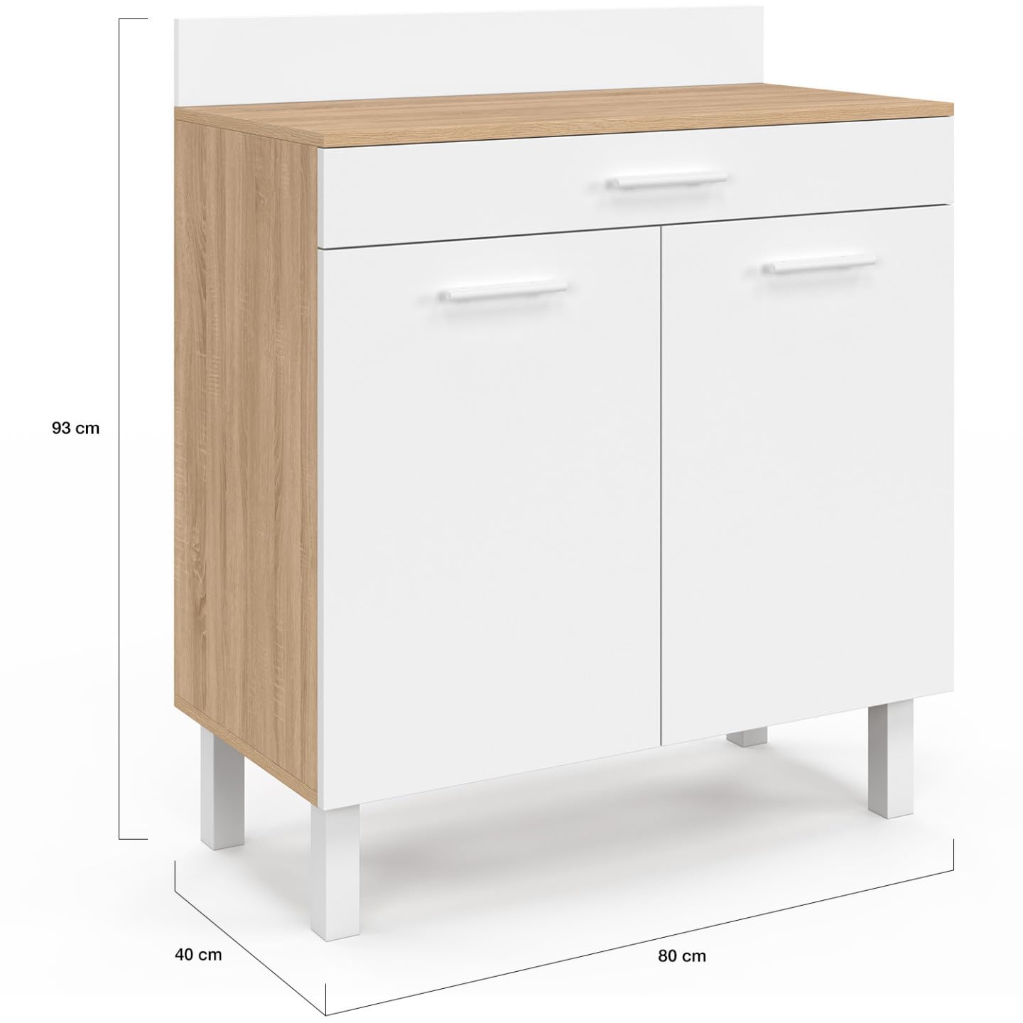 IDMarket - Buffet Bas de Cuisine 80 cm CINA Plan de Travail H.83 cm 2 Portes + tiroir façon hêtre et Blanc