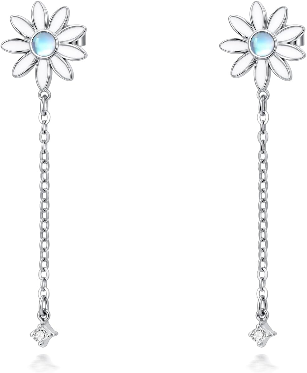 925 Sterling Silver Lily Daisy Rose Flower Dangle Earrings Moonstone Floral Earrings Petal Jewelry Gifts for Women