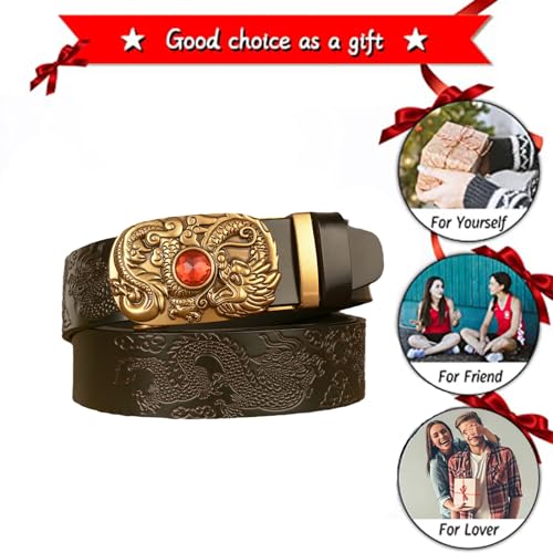 Cowhide Ratchet Belts Ruby Setting Engraved Dragon Slide Buckle Adjustable Floral Embossed Western Classic Belt3