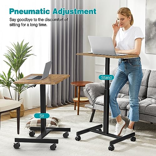 Image of DUMOS Small Standing Desk Mobile Portable Rolling Laptop PC Table on Wheels Adjustable Height Computer Workstation for Home Office Small Space, 19 Inch, Brown