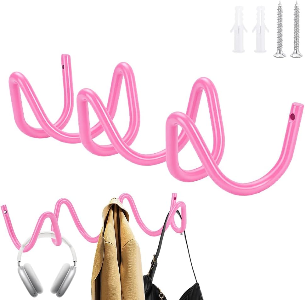 AHANDMAKER Heavy Duty Iron Wall Mounted Coat Rack Creative Pink Wave Shaped Wall Hooks for Coat Hat Bag Umbrella Storage in Bedroom Living Room Bathroom Entryway