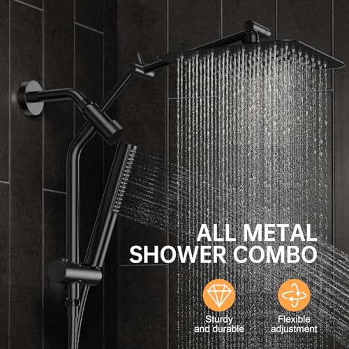 Image of Veken 10 inch Luxurious All Metal Rain Shower Head with Handheld Spray Combo, High Pressure Rainfall Square Shower Heads with Extension Arm, Wide Dual Showerhead, Bathroom Accessories, Matte Black