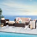 Super Patio 7 Piece Patio Furniture Set, Patio Conversation Sets, All-Weather PE Wicker Outdoor Sectional Sofa with Ottoman, Tempered Glass Coffee Table, Three Red Pillows, Brown